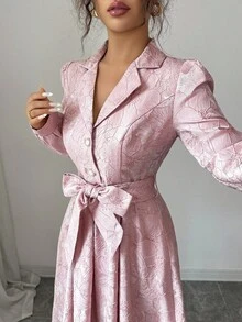 SHEIN Elenzya 提花提花束腰前开襟公主线法式优雅精致长袖 A 字型修身百搭中长连衣裙 - 粉色 - 查看 5