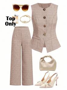 Ellevyn Women's French Style Sleeveless Vest With Metal Button Decoration, Office Commute - Pink - View 1