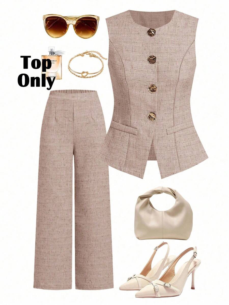 Ellevyn Women's French Style Sleeveless Vest With Metal Button Decoration, Office Commute - Pink - View 1