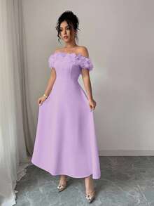 Elenzga Váy chữ A trễ vai họa tiết hoa phong cách Pháp thanh lịch mới, màu tím, thích hợp cho đám cưới, tiệc tùng, trở lại trường, trang phục giáo viên, Halloween, Lễ tạ ơn - Màu tím - Xem 3