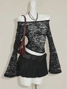SHEIN ICON Sexy & Fashionable Off Shoulder Lace Long Sleeve Sheer Blouse,Black Tops - Black - View 5