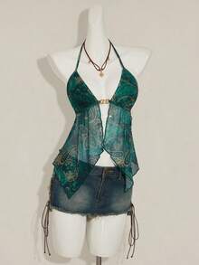 SHEIN ICON Allover Print Halter Neck Backless Asymmetric Hem Sexy Camisole