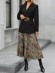 EMERY ROSE Women's Solid Color Belted Jacket, Leopard Print Pleated Skirt Suit Blazer Skirt Set Blazer Set Women Leopard Skirt Suit Fall Clothes For Women Cheetah Print Skirt Cheetah Skirt Outfit Going Out Outfit Chic Women's Set Office Outfits For Women