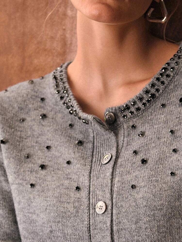 WOOL RHINESTONE DETAIL CARDIGAN