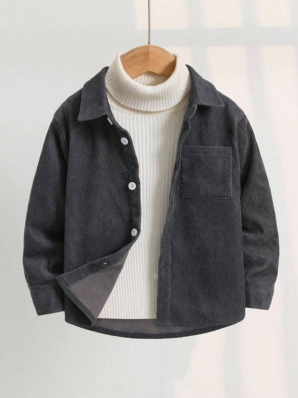 儿童/年轻男孩百搭休闲日常百搭舒适灯芯绒领宽松长袖纯色梭织衬衫，适合学校、花园、海滩、生日、春季、夏季、秋季、冬季