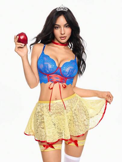 ROMWE Avant Halloween Underwire Bra, Choker, Mini Skirt, G-String, Leg Garter, 6pcs Princess Roleplay Sexy Lingerie Set