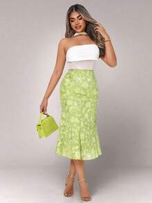 Elenzga Falda verde elegante de mujer con diseño de cola de sirena en jacquard y decoración con lentejuelas, para otoño - Verde - Ver 4