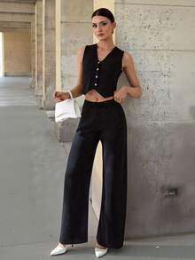 CLARA VERO Conjunto de 2 piezas de chaleco de punto con botones delanteros y pantalones de punto de unicolor para mujer, ropa de invierno, otoño - Negro - Ver 4