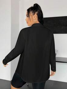 SHEIN EZwear 秋季大码休闲纯色前扣长袖衬衫 - 黑色 - 查看 2