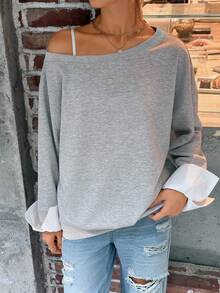 Jouncy Women's Casual Loose Fit Dropped Shoulder Long Sleeve Sweatshirt, Autumn Fall Cloth For Women - Grey - View 4
