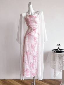 SHEIN Sweetra Young Teen Girls' Casual Elegant Holiday Ditsy Floral Printed Spaghetti Strap Dress With Chiffon Long Shirt, 2pcs/Set,Summer,Travel - Multicolor - View 1