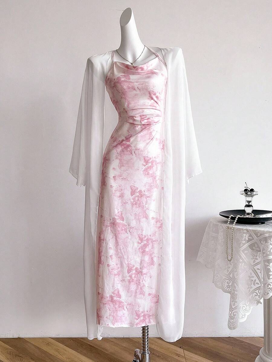 SHEIN Sweetra Young Teen Girls' Casual Elegant Holiday Ditsy Floral Printed Spaghetti Strap Dress With Chiffon Long Shirt, 2pcs/Set,Summer,Travel - Multicolor - View 1