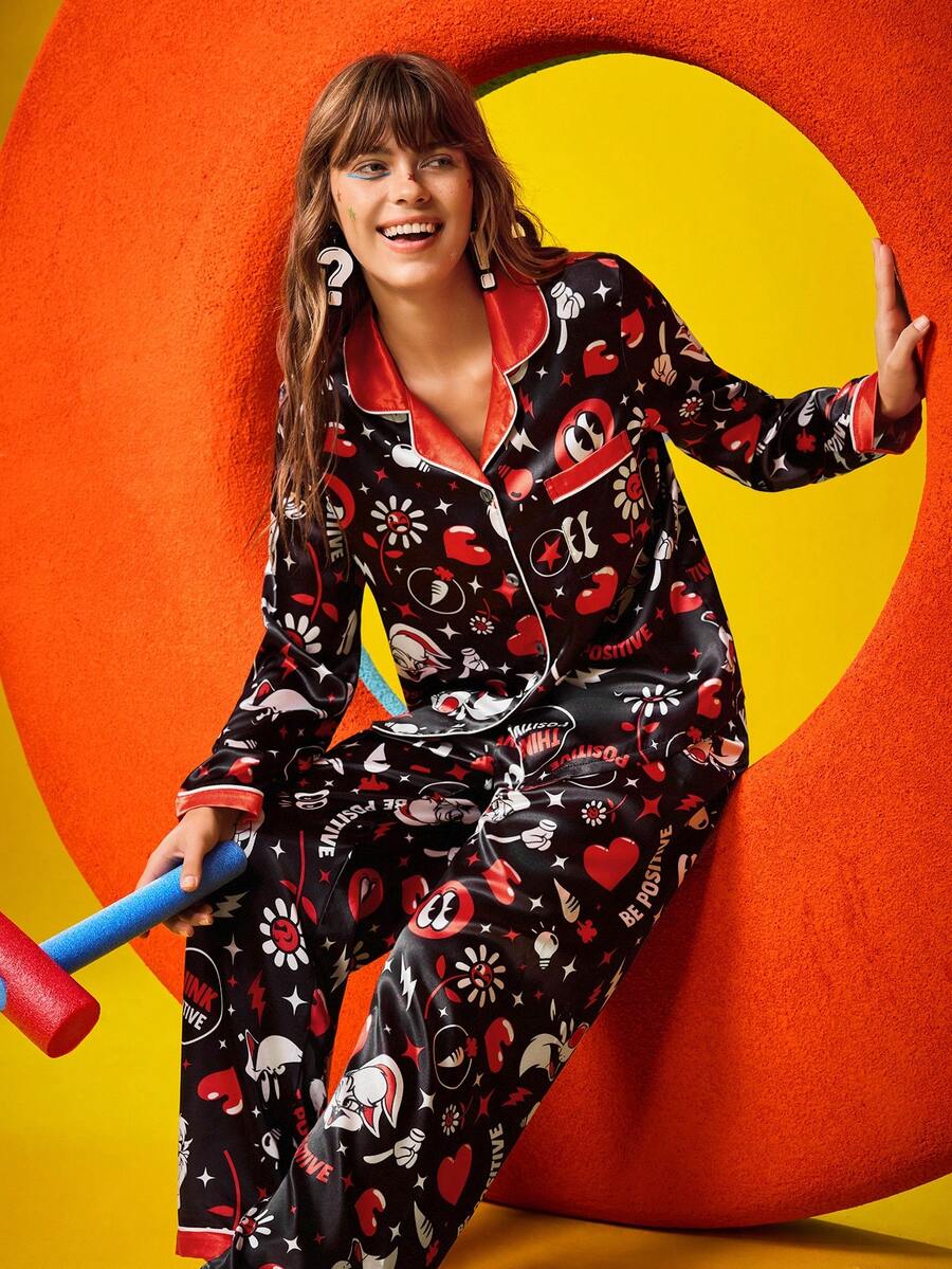 Chillnights X LOONEY TUNES 女士卡通图案长袖上衣和裤子睡衣套装，女士新奇睡衣，女士印花睡衣，女士睡衣套装，卡通睡衣，秋季服装 - 黑色 - 查看 1