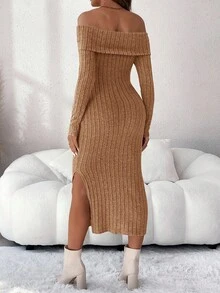 SHEIN Maternity Solid Color Off Shoulder Long Sleeve Ribbed Fitted Elegant Dress, Autumn Brown Maternity Dress Two Piece Maternity Dress Ribbed Maternity Dress Knit Maternity Dress Maternity Dress Off Shoulder
