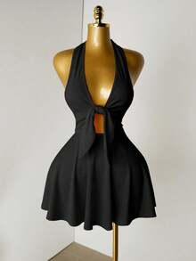 Mistrie Women's Solid Color Front Knot Deep V Sexy Halter Dress - Black - View 4