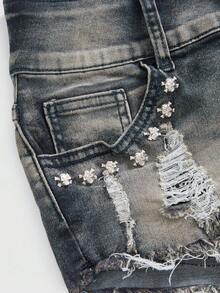 ROMWE J-Fashion Y2K sexy vintage verwaschene Denim-Shorts mit Totenkopf-Nieten für Frauen mit tiefer Taille - Verschiedenfarbig - Übersicht 3