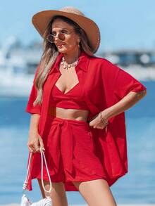 Sylviya 纯色吊带背心、短裤和落肩衬衫 - 紅色 - 查看 4