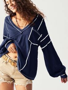 Bohemela 大码女式休闲时尚街头 V 领撞色针脚拼布口袋宽松 T 恤，春/秋 - 藍色 - 查看 4