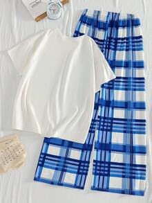 2Pcs/Set Casual Simple White Wide-Leg Short Sleeve Top & Dog Printed Pants Home Wear Suit For Teenage Boys - White - View 2