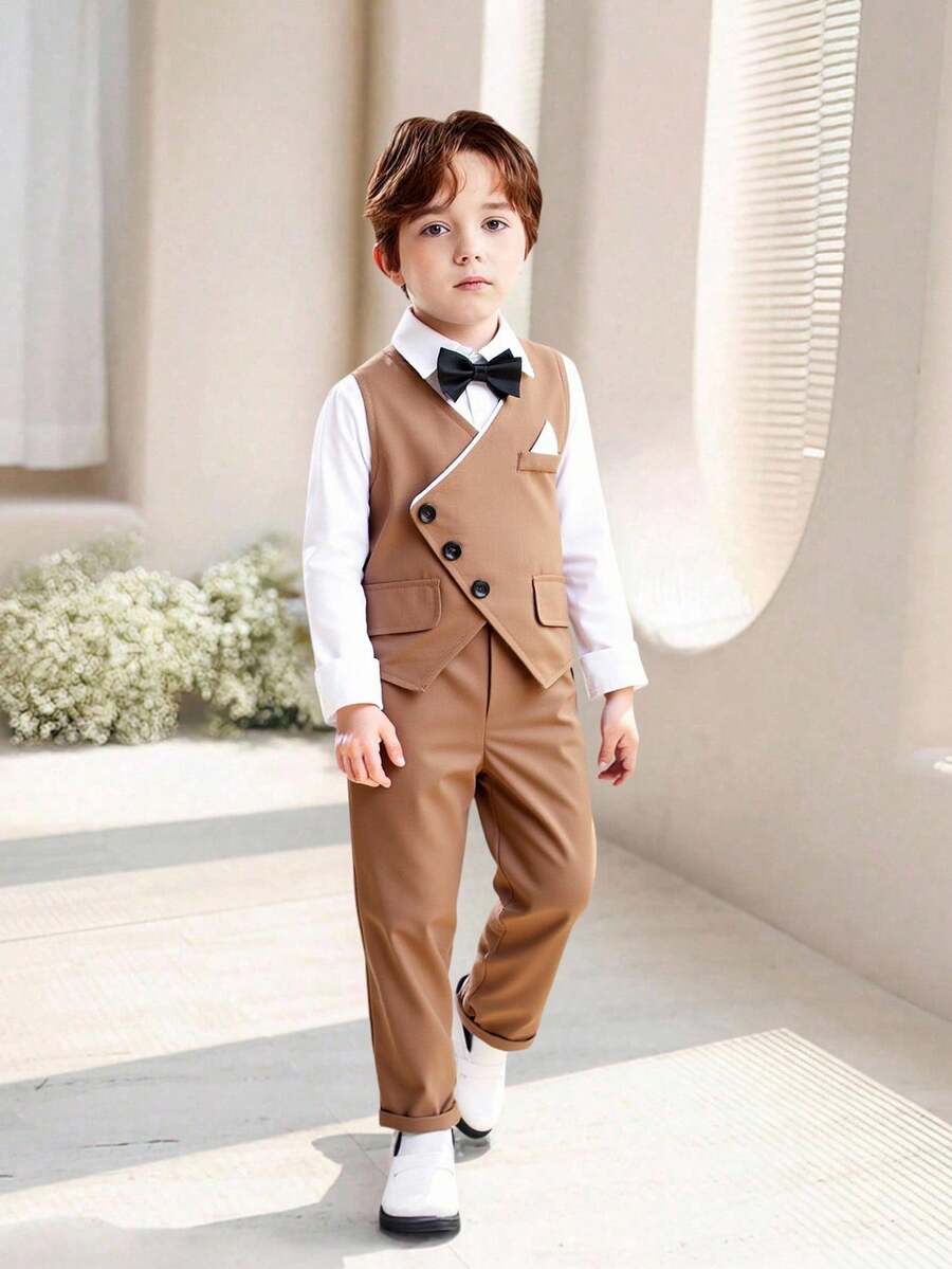 SHEIN 两件套男童不对称扣背心和裤子套装 - 摩卡棕 - 查看 1