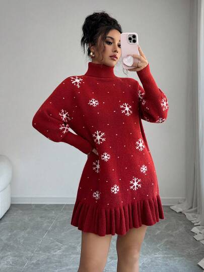 Elenzga Women's Loose Fit High Neck Sweater Dress With Ruffle Hem, Red Snowflake Pattern, Autumn/Winter Christmas