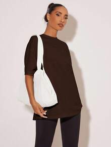SHEIN BASICS Áo thun nữ dáng rộng cổ đứng màu trơn, dáng rộng, thường ngày - màu nâu - Xem 3