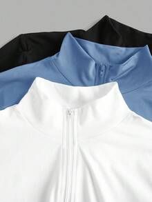 Slaydiva Bộ 3 áo thun nữ cổ chữ V co giãn, đơn giản, thời trang thu đông, tay dài bó, màu trắng + đen + xám - Màu xanh nhạt - Xem 6