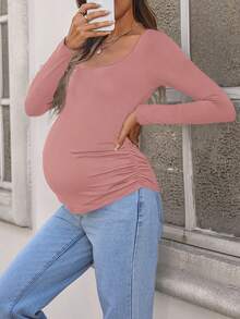 SHEIN 孕妇褶皱长袖T恤 - 藕粉色 - 查看 5