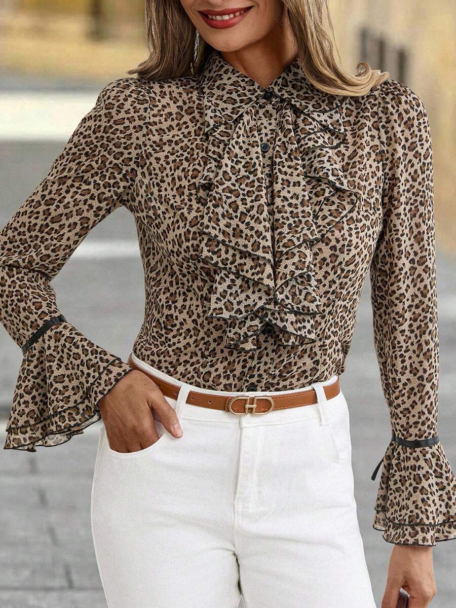 Solivie Women's Leopard Print Tie Collar Elegant Long Sleeve Blouse Cheetah Print - Multicolor - View 1