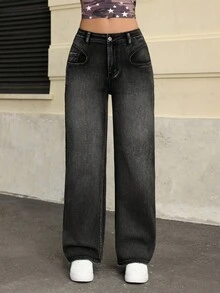 Jeanoix 休闲水洗直筒牛仔裤 - 黑色 - 查看 4