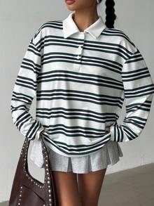 SHEIN GLOWZI 青少年女孩休闲日常绿色条纹印花 Polo 领长袖针织 T 恤，春秋 - 綠色 - 查看 5