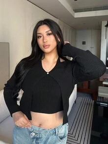 Dazy Plus Áo len cổ lọ bó sát, màu trơn, khoét lỗ, dáng rộng cỡ lớn dành cho nữ, màu đen, thu đông - màu đen - Xem 4