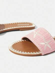 Styleloop Sandalias planas cómodas de punta redonda con bordado floral en lino beige - Rosa - Ver 4