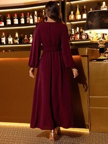 EMERY ROSE Women Solid Color Surplice Neck Lantern Sleeve Elastic Waist High Slit Dress Maxi Women Outfit - Maroon - View 2