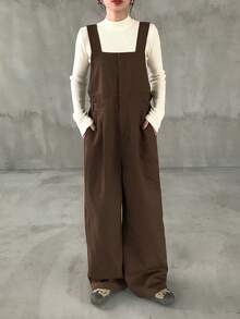 FRIFUL 女士纯色宽松休闲连体裤，带吊带，适合机场旅行，时尚秋季工装裤