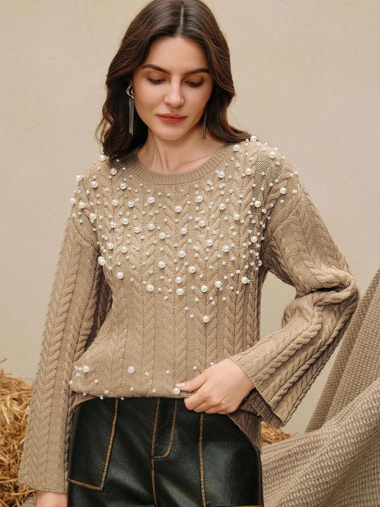 Khaki Round Neck Loose Asymmetrical Hem Flare Sleeve Pearled Knit Sweater, Mid-Length, Autumn/Winter