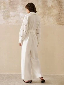 Cévolie 女装春秋新款波西米亚碎花拼接灯笼袖衬衫领阔腿宽松连体裤 - 白色 - 查看 2