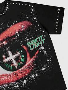 ROMWE MEN Street Life Eye Print Rhinestone Embellished Crew Neck Short Sleeve T-Shirt, Unisex Summer Tops