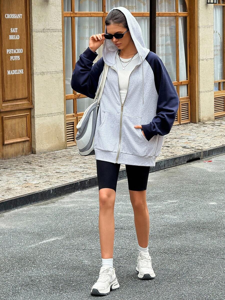 Women's Casual Raglan Sleeve Hooded Drawstring Zip-Up Sweatshirt Fall Cloth For Women - Grey - View 1