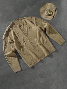 Manfinity Homme Suéter casual de moda para hombre, estilo callejero punk con decoración de hebilla metálica rasgada, para otoño/invierno - Verde militar - Ver 3
