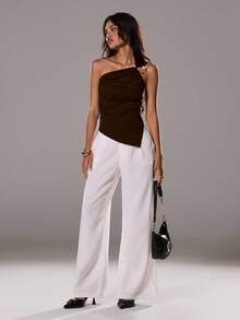 TRNVIE Women's Elegant Oblique Shoulder Decorative Button Asymmetrical Hem Black Blouse, Spring/Summer - Coffee Brown - View 4