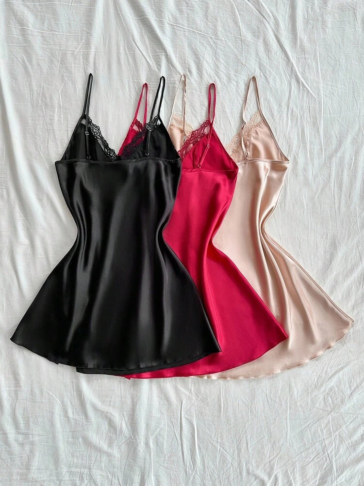 SilkySpell 3 peças/Conjunto Camisola Sexy Bordada com Renda Feminina - Multicolorido - Visão 2