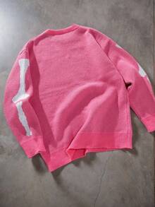 Manfinity EMRG Men's Skeleton Pattern Crew Neck Long Sleeve Casual Pink Sweater Halloween Party - Hot Pink - View 2