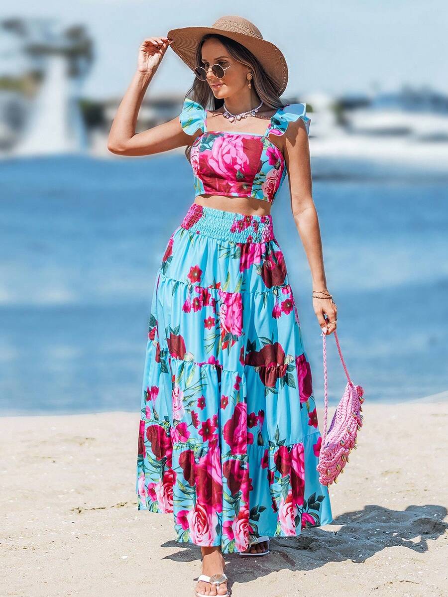 Sylviya 花卉印花荷叶边短款上衣和层叠荷叶边下摆半身裙 - 彩色 - 查看 1