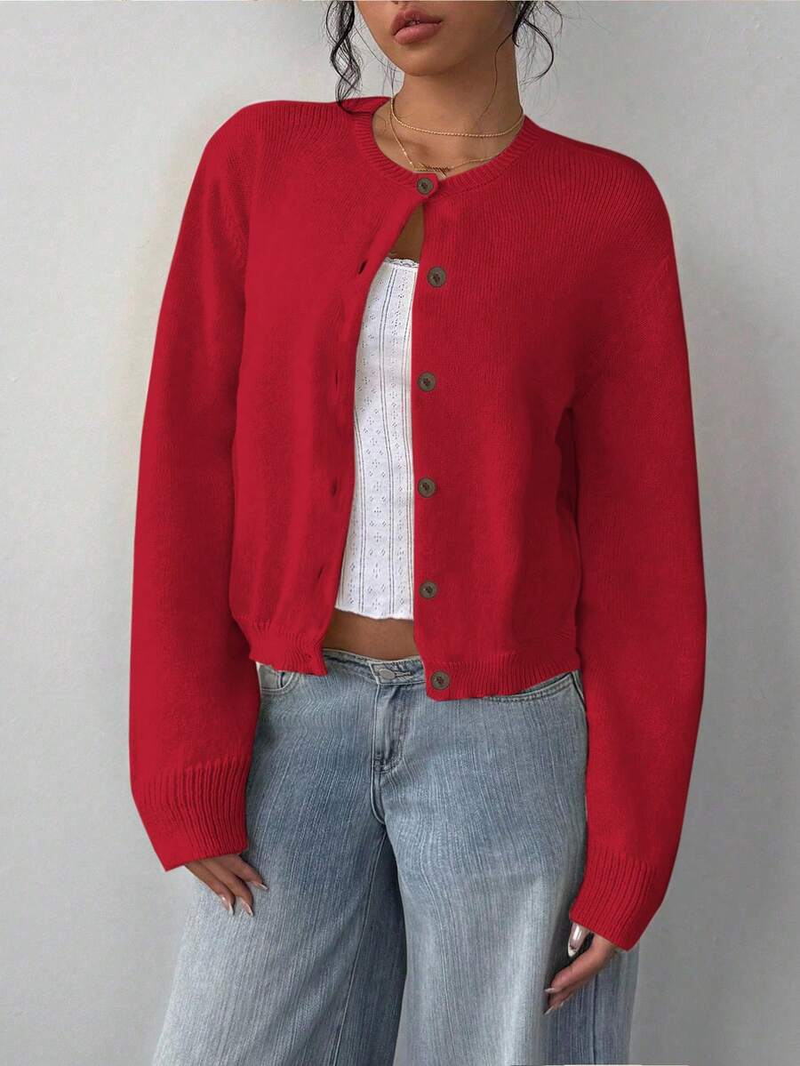 SHEIN BASICS 女式纯色圆领长袖单排扣休闲开衫,秋季 - 彩色 - 查看 1