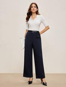 BizChic 2025 秋冬海军蓝前中心条纹饰边口袋设计女裤，优雅时尚，适合工作、商务、休闲、正式场合、派对、婚礼、音乐会、早午餐、机场、国庆节、新年、圣诞节、万圣节 - 藏蓝色 - 查看 3