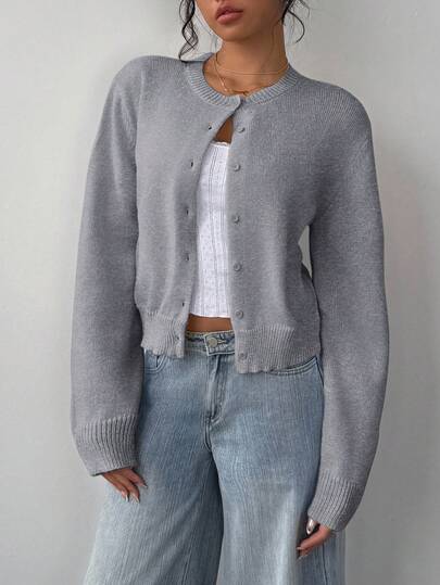 SHEIN BASICS Casual Solid Color Round Neck Long Sleeve Loose Cropped Women Sweater Cardigan In Fall/Winter