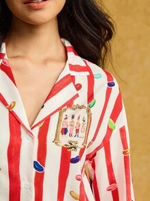 HARRY POTTER X SHEIN Conjunto de pijama feminino com estampa de desenho animado em listras vermelhas e brancas, blusa de manga comprida e calça folgada, ideal para primavera/outono e inverno.