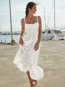 Enchnt Women's Vacation Burnout Embroidered Single-Breasted Casual Cami Dress - White - View 4