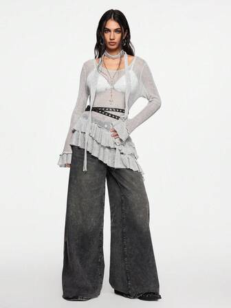 Grunge Punk Women's Y2K Asymmetrical Hem Double Ruffle Trim Long Sleeve Turtleneck Knit Top